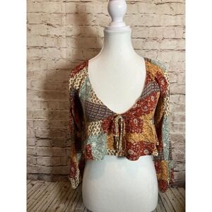 Hashttag Boho Crop Top Womens Small Rust Patchwork Mixed Print Hippie Festival